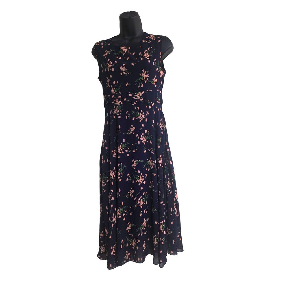 Herb Out Navy Blue Pink Floral Chiffon Sleeveless A-Line Midi Dress Size‎ M